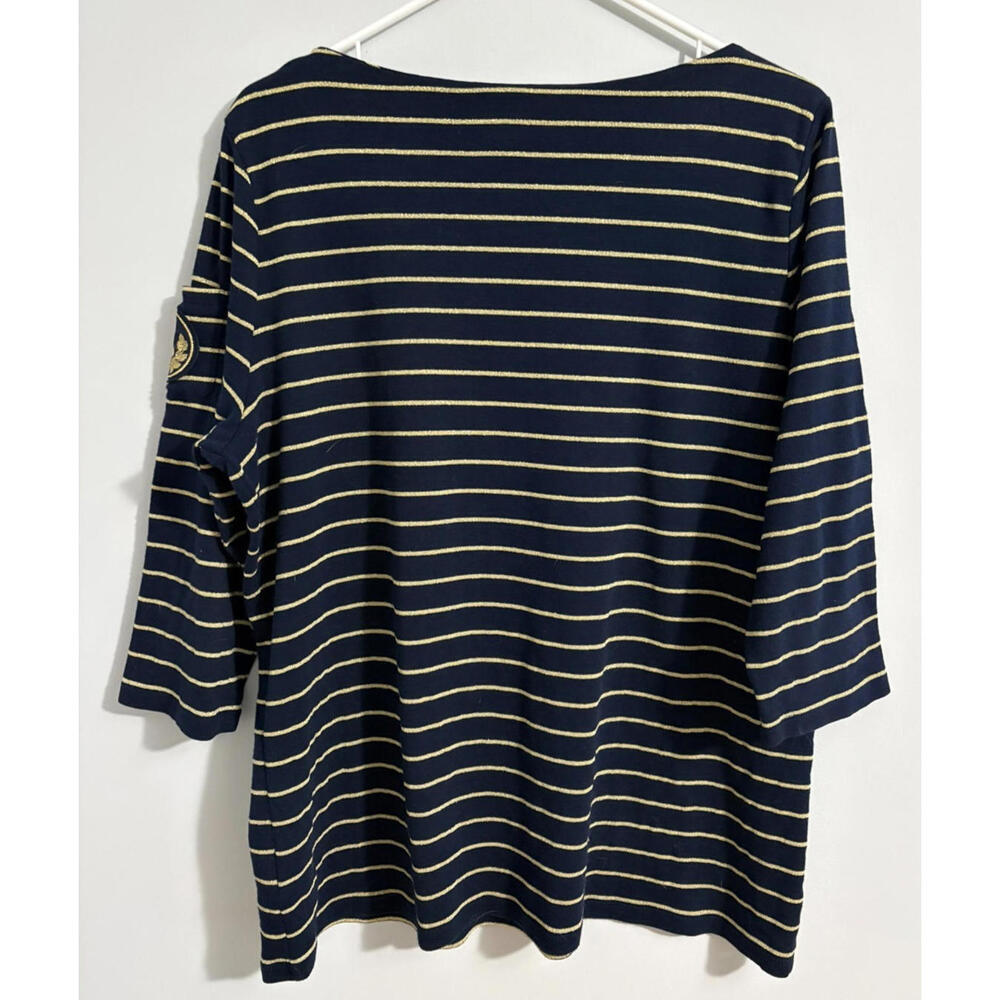 Lauren Ralph Lauren Womens Shirt 2X Blue Gold Metallic Stripe 3/4 Slv Crest Logo - Picture 4 of 8